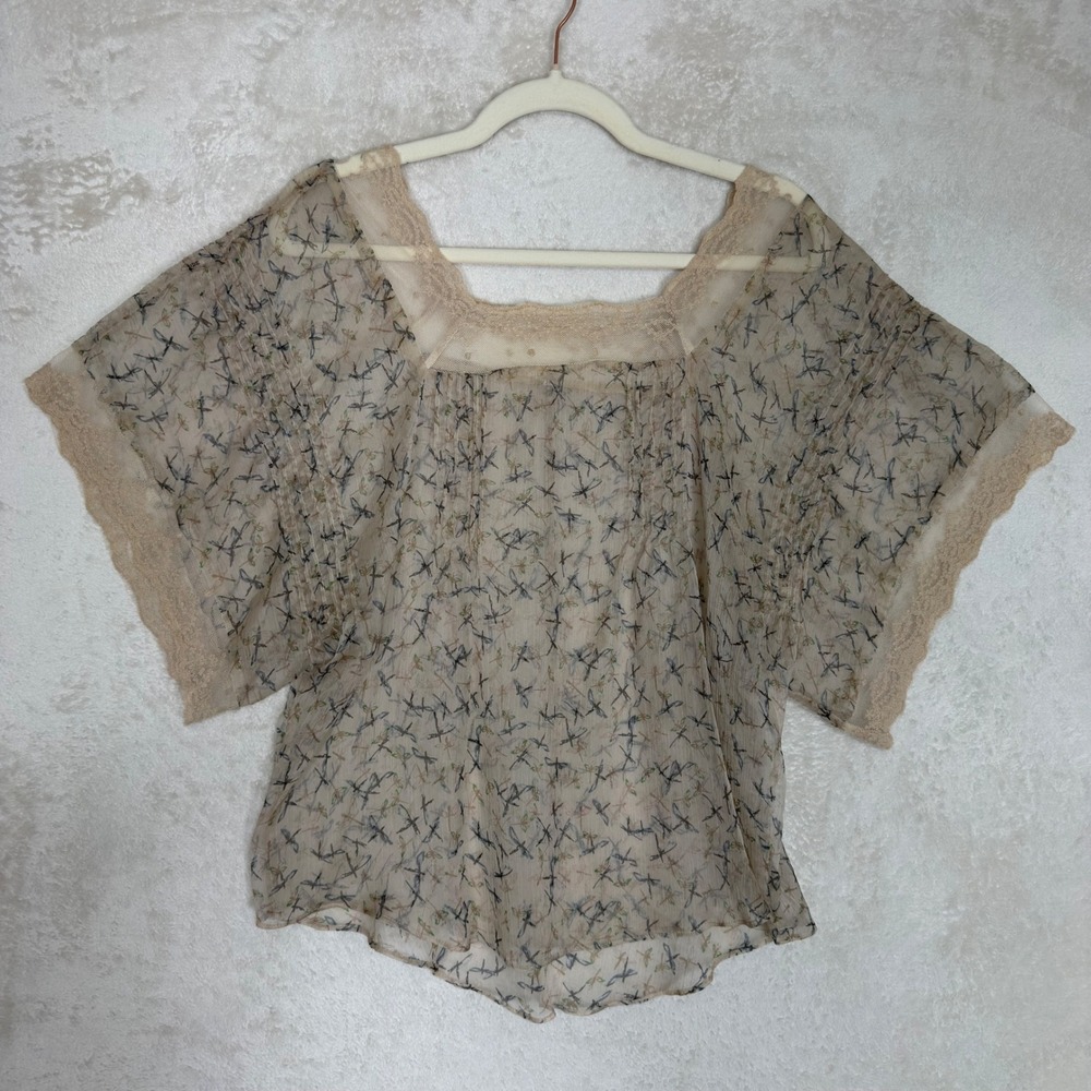 Dragonfly Print Sheer Lace Trim Pintuck Blouse Cottagecore Whimsical Fairy Boho
